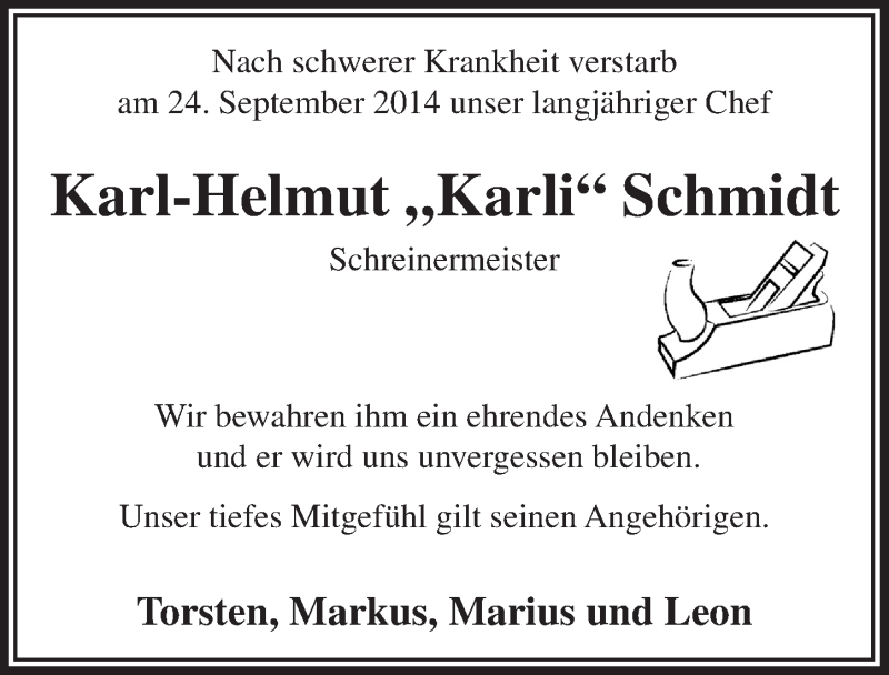  Traueranzeige für Karl-Helmut Schmidt vom 01.10.2014 aus  Lokalanzeiger 