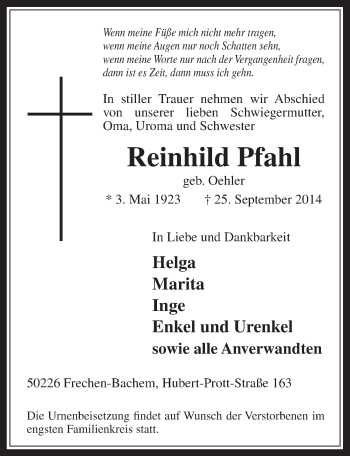 Anzeige von Reinhild Pfahl von  Wochenende 