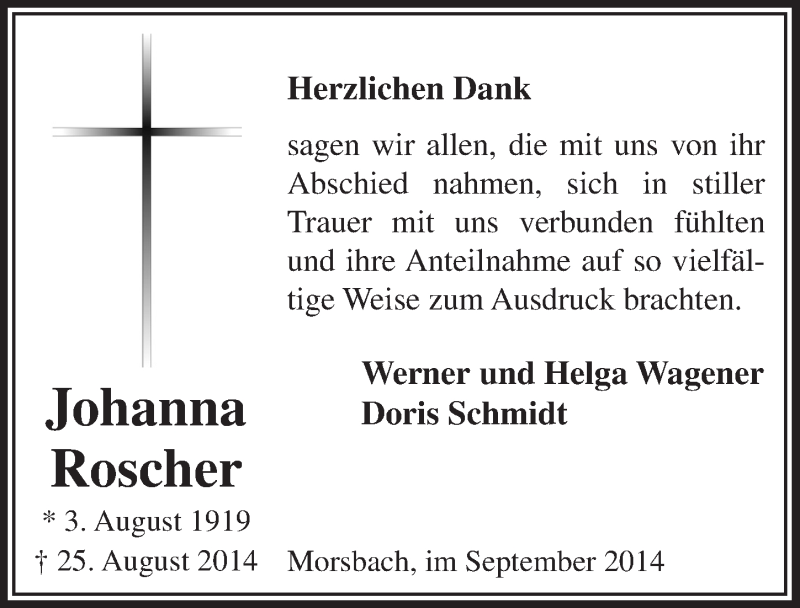  Traueranzeige für Johanna Roscher vom 01.10.2014 aus  Lokalanzeiger 