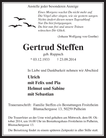 Anzeige von Gertrud Steffen von  Wochenende 