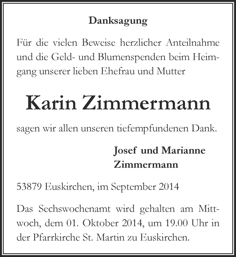  Traueranzeige für Karin Zimmermann vom 28.09.2014 aus  Blickpunkt Euskirchen 