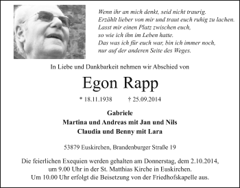 Anzeige von Egon Rapp von  Blickpunkt Euskirchen 