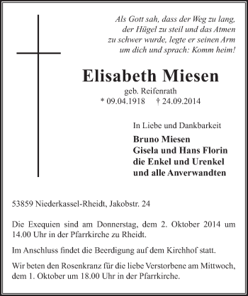 Anzeige von Elisabeth Miesen von  Extra Blatt 