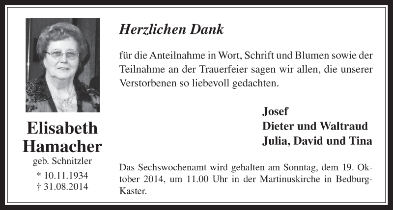  Traueranzeige für Elisabeth Hamacher vom 08.10.2014 aus  Werbepost 