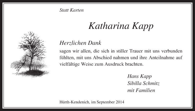  Traueranzeige für Katharina Kapp vom 01.10.2014 aus  Wochenende 