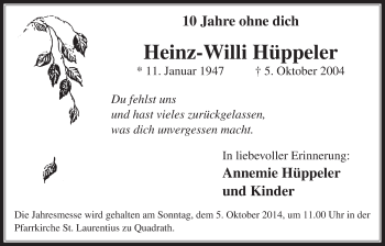 Anzeige von Heinz-Willi Hüppeler von  Werbepost 