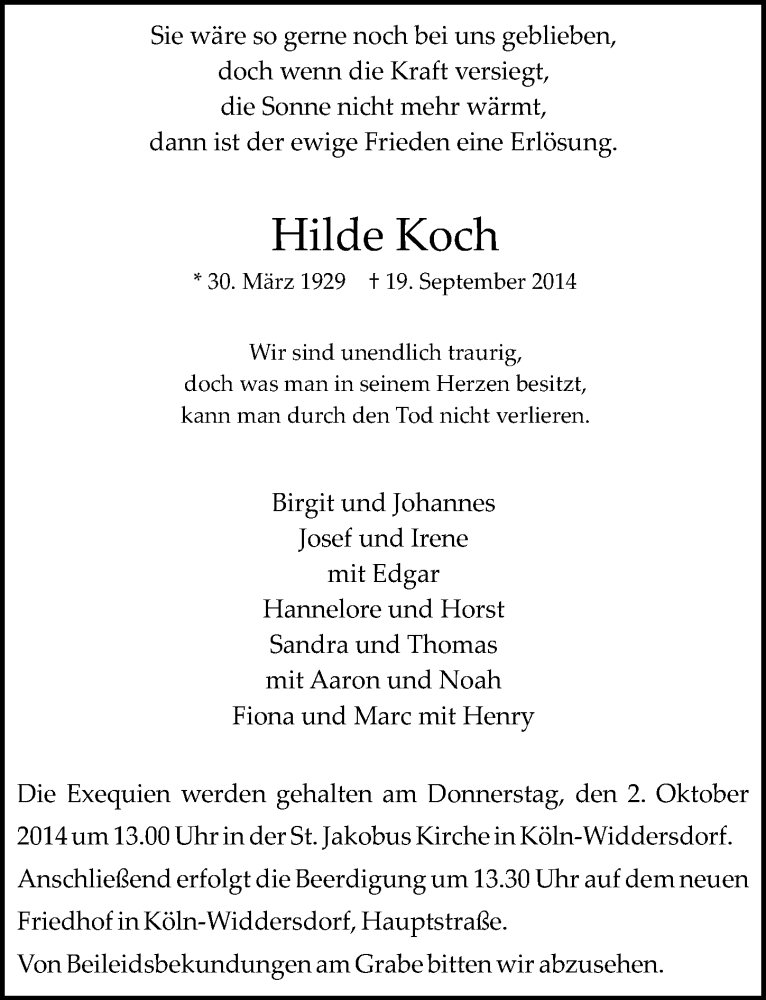  Traueranzeige für Hilde Koch vom 01.10.2014 aus  Kölner Wochenspiegel 