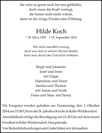 Anzeige von Hilde Koch von  Kölner Wochenspiegel 