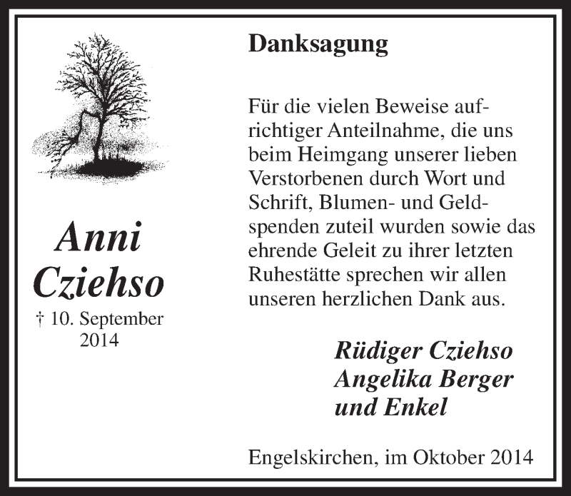  Traueranzeige für Anni Cziehso vom 01.10.2014 aus  Anzeigen Echo 