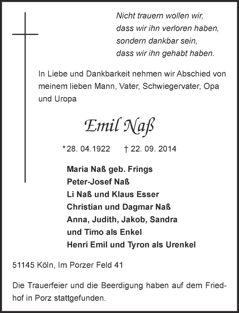  Traueranzeige für Emil Naß vom 01.10.2014 aus  Kölner Wochenspiegel 