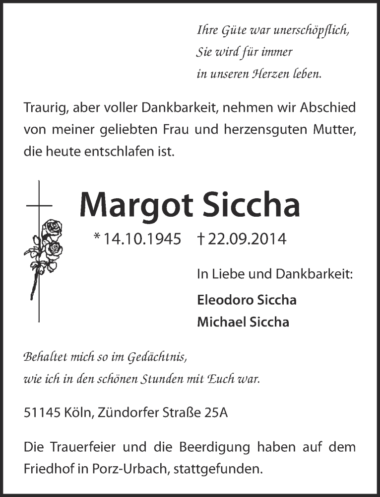 Traueranzeige für Margot Siccha vom 01.10.2014 aus  Kölner Wochenspiegel 