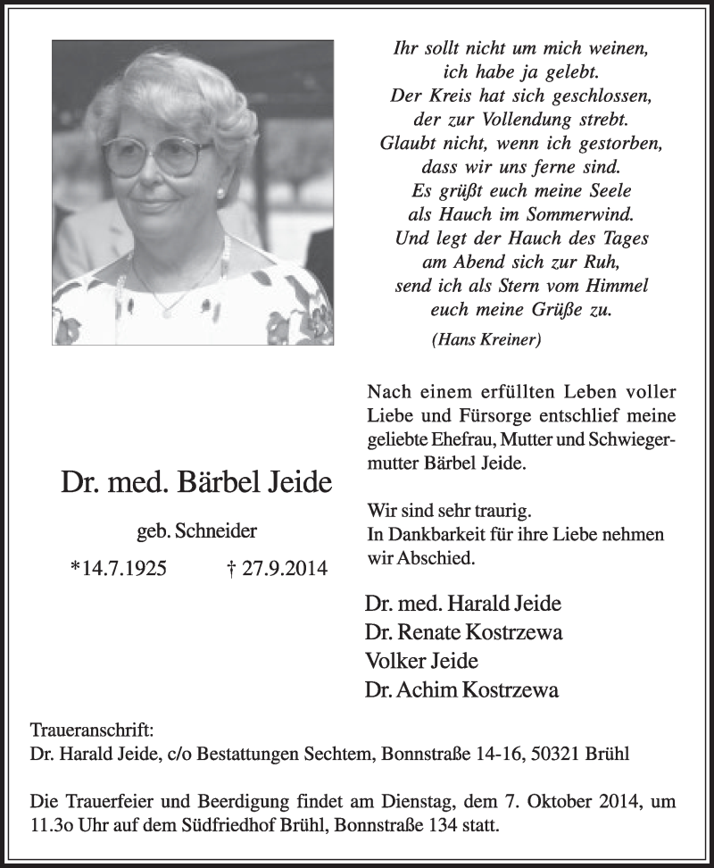  Traueranzeige für Bärbel Jeide vom 01.10.2014 aus  Schlossbote/Werbekurier 