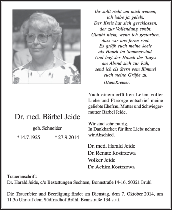 Anzeige von Bärbel Jeide von  Schlossbote/Werbekurier 
