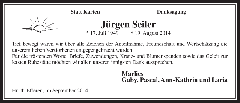  Traueranzeige für Jürgen Seiler vom 01.10.2014 aus  Wochenende 