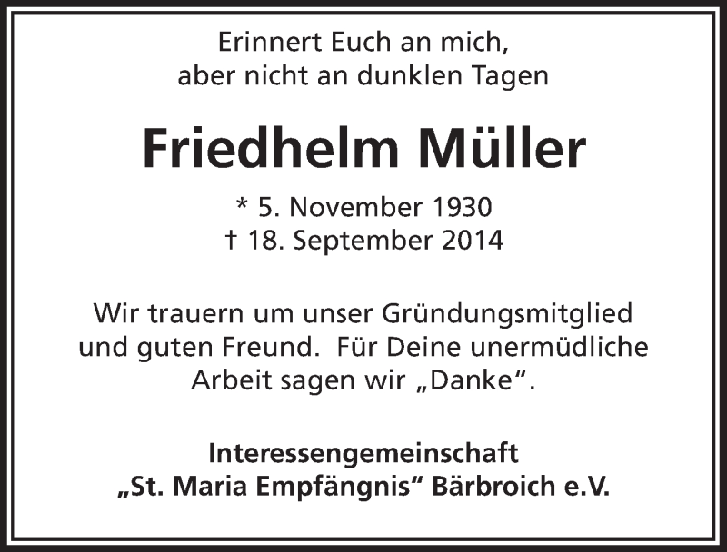  Traueranzeige für Friedhelm Müller vom 01.10.2014 aus  Bergisches Handelsblatt 