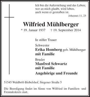 Anzeige von Wilfried Mühlberger von  Lokalanzeiger 