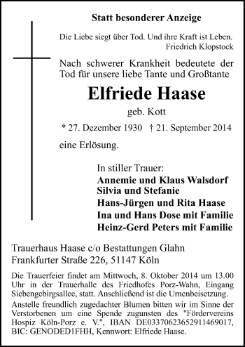 Anzeige von Elfriede Haase von  Kölner Wochenspiegel 