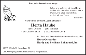 Anzeige von Herta Hauke von  Lokalanzeiger 