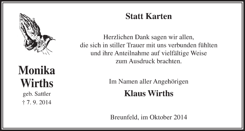  Traueranzeige für Monika Wirths vom 01.10.2014 aus  Lokalanzeiger 