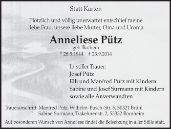 Anzeige von Anneliese Pütz von  Schlossbote/Werbekurier 