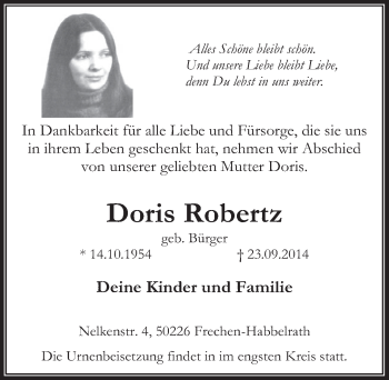 Anzeige von Doris Robertz von  Wochenende 