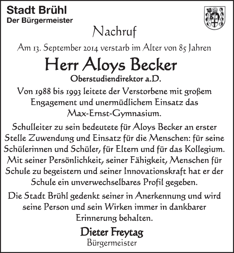  Traueranzeige für Aloys Becker vom 08.10.2014 aus  Schlossbote/Werbekurier 