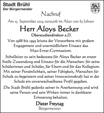 Anzeige von Aloys Becker von  Schlossbote/Werbekurier 