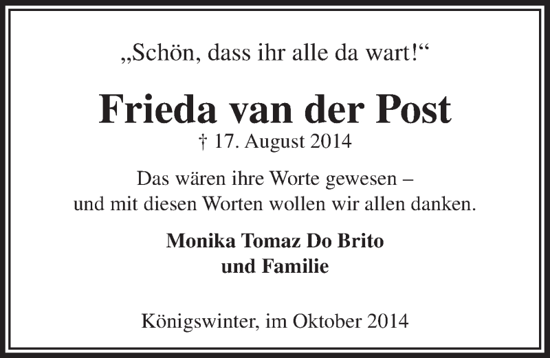  Traueranzeige für Frieda van der Post vom 08.10.2014 aus  Extra Blatt 