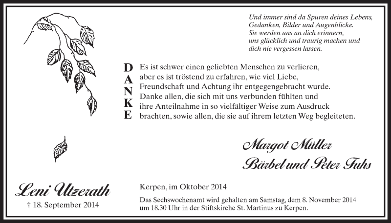  Traueranzeige für Leni Utzerath vom 04.10.2014 aus  Sonntags-Post 