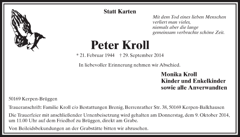  Traueranzeige für Peter Kroll vom 04.10.2014 aus  Sonntags-Post 