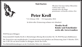 Anzeige von Peter Kroll von  Sonntags-Post 
