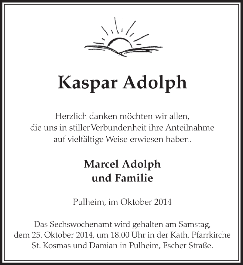  Traueranzeige für Kaspar Adolph vom 04.10.2014 aus  Sonntags-Post 
