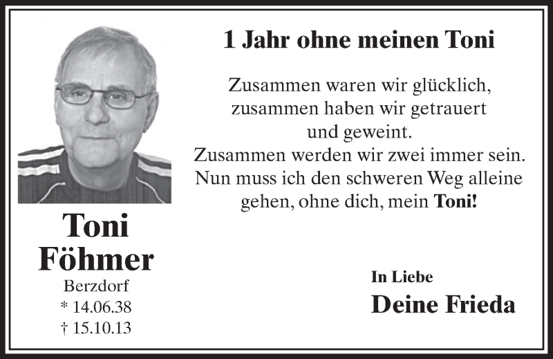  Traueranzeige für Toni Föhmer vom 15.10.2014 aus  Schlossbote/Werbekurier 