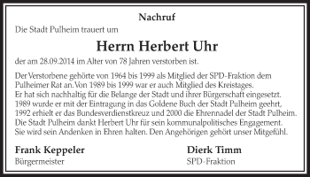 Anzeige von Herbert Uhr von  Sonntags-Post 