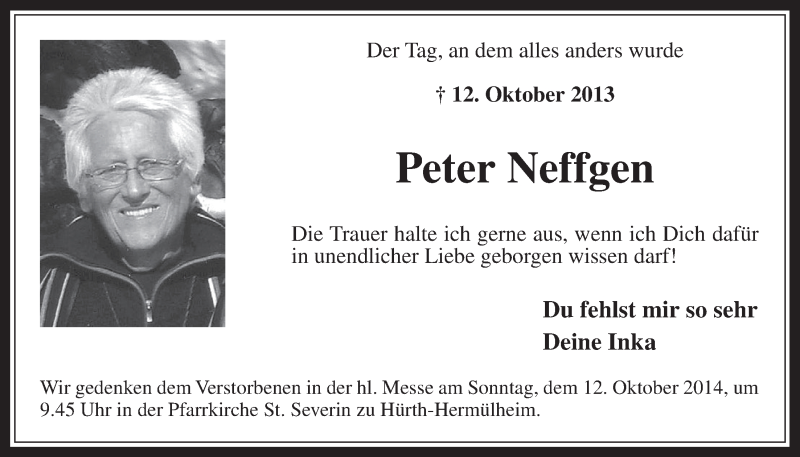  Traueranzeige für Peter Neffgen vom 08.10.2014 aus  Wochenende 