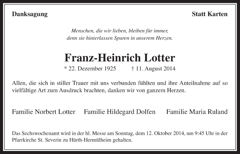  Traueranzeige für Franz-Heinrich Lotter vom 08.10.2014 aus  Wochenende 