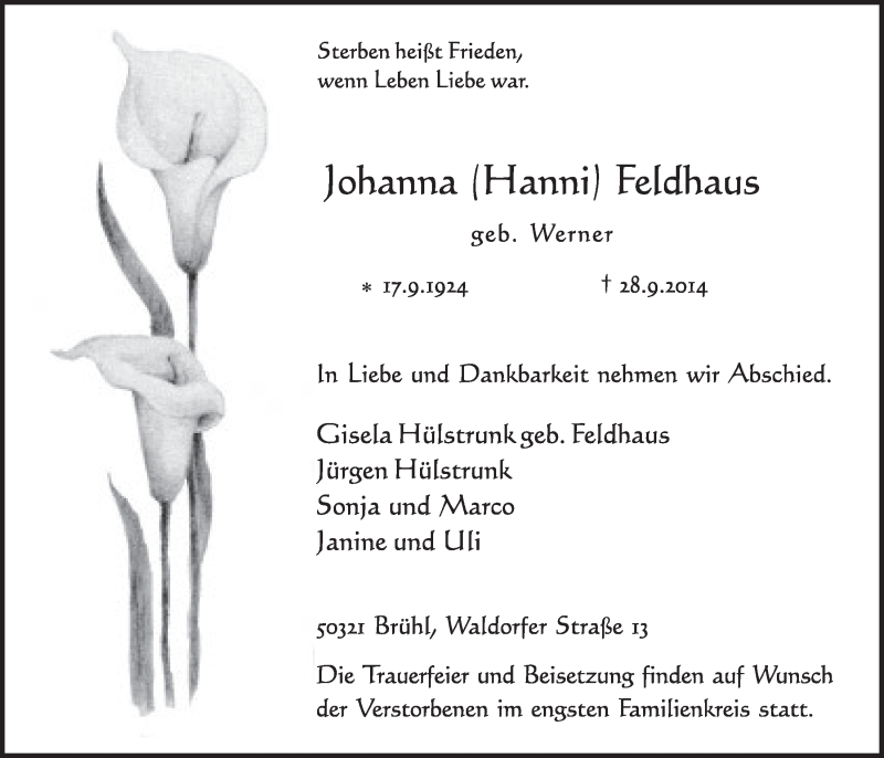  Traueranzeige für Johanna Hanni Feldhaus vom 08.10.2014 aus  Schlossbote/Werbekurier 