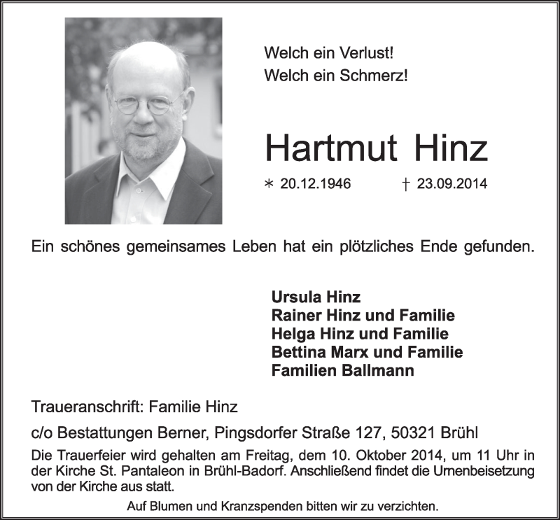  Traueranzeige für Hartmut Hinz vom 08.10.2014 aus  Schlossbote/Werbekurier 