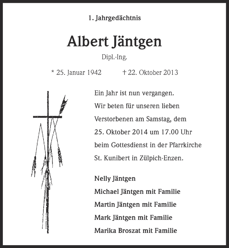  Traueranzeige für Albert Jäntgen vom 19.10.2014 aus  Blickpunkt Euskirchen 