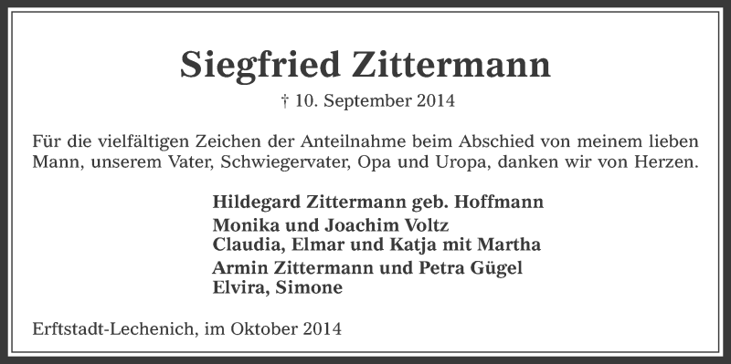  Traueranzeige für Siegfried Zittermann vom 08.10.2014 aus  Werbepost 