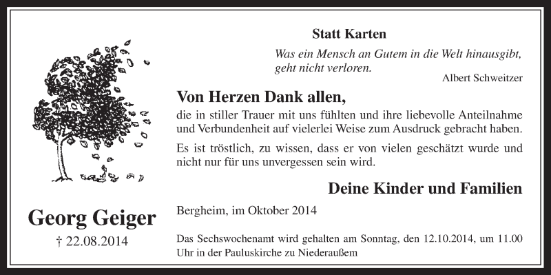  Traueranzeige für Georg Geiger vom 08.10.2014 aus  Werbepost 