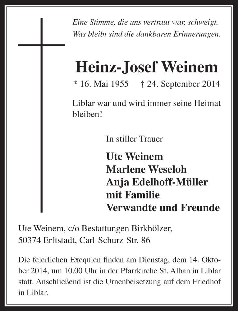  Traueranzeige für Heinz-Josef Weinem vom 08.10.2014 aus  Werbepost 