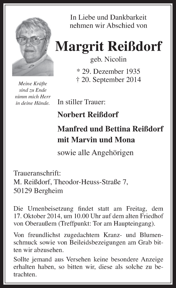  Traueranzeige für Margrit Reißdorf vom 15.10.2014 aus  Werbepost 