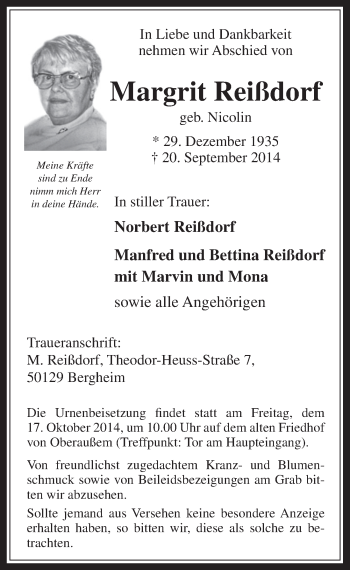 Anzeige von Margrit Reißdorf von  Werbepost 