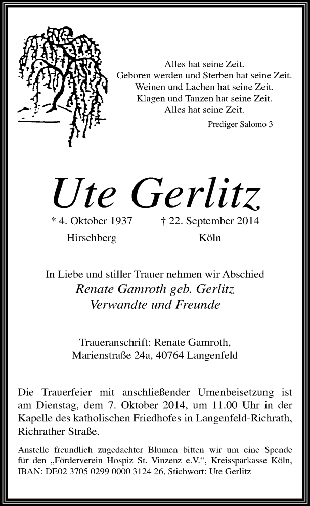  Traueranzeige für Ute Gerlitz vom 04.10.2014 aus  Leverkusener Wochenende 