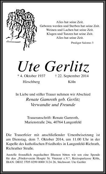 Anzeige von Ute Gerlitz von  Leverkusener Wochenende 