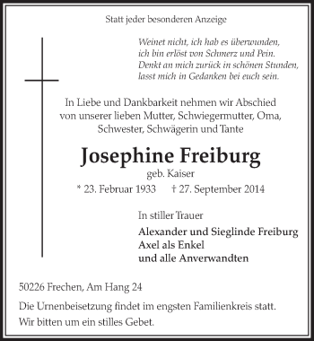 Anzeige von Josephine Freiburg von  Sonntags-Post 