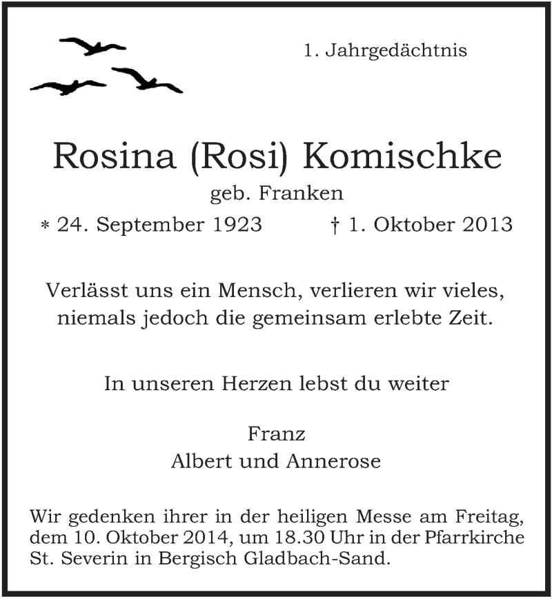  Traueranzeige für Rosina Komischke vom 04.10.2014 aus  Bergisches Sonntagsblatt 