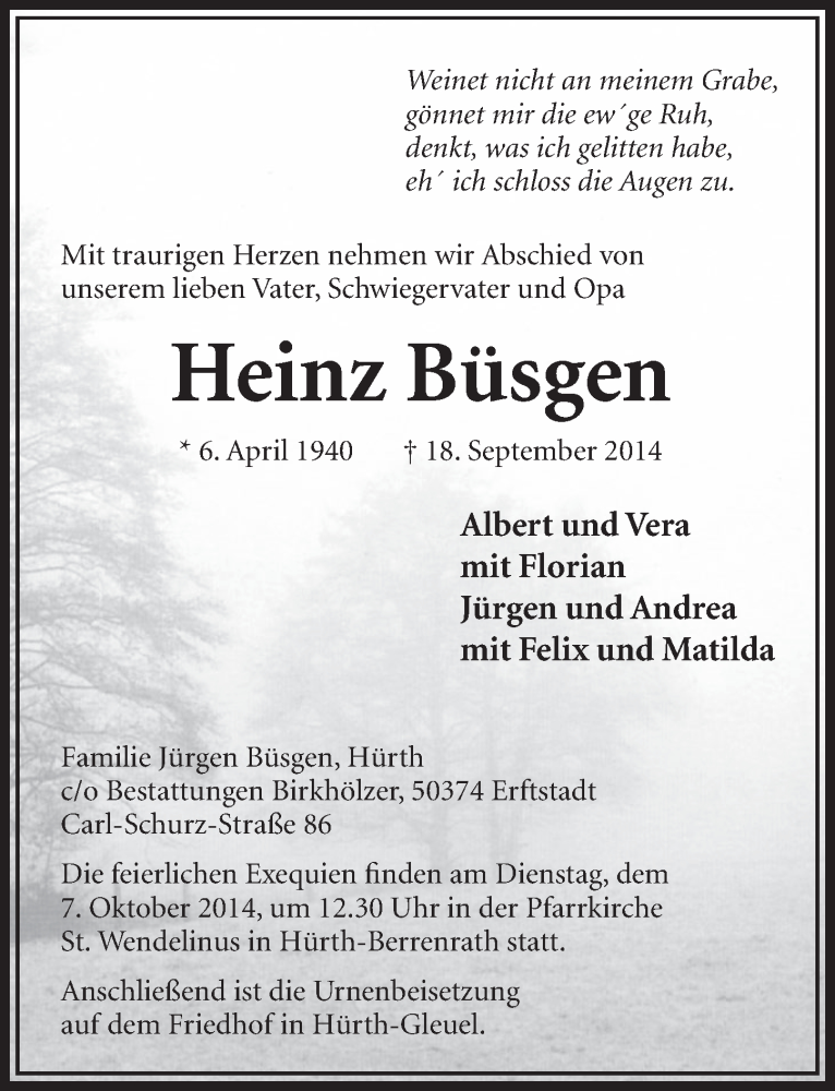  Traueranzeige für Heinz Büsgen vom 04.10.2014 aus  Sonntags-Post 