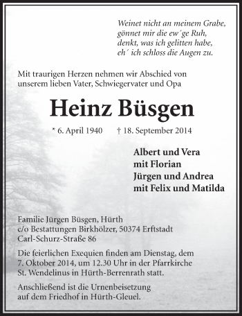 Anzeige von Heinz Büsgen von  Sonntags-Post 